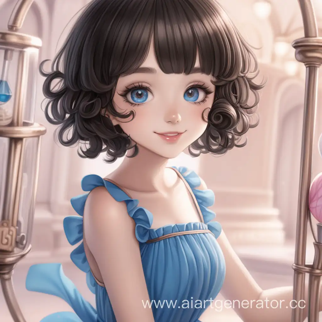 Anime style, girl, white skin, black hair, short hair, curly hair, little nose, brown big eyes, a big lips, light-pink lips, Hourglass Figure, blue dress, smile 