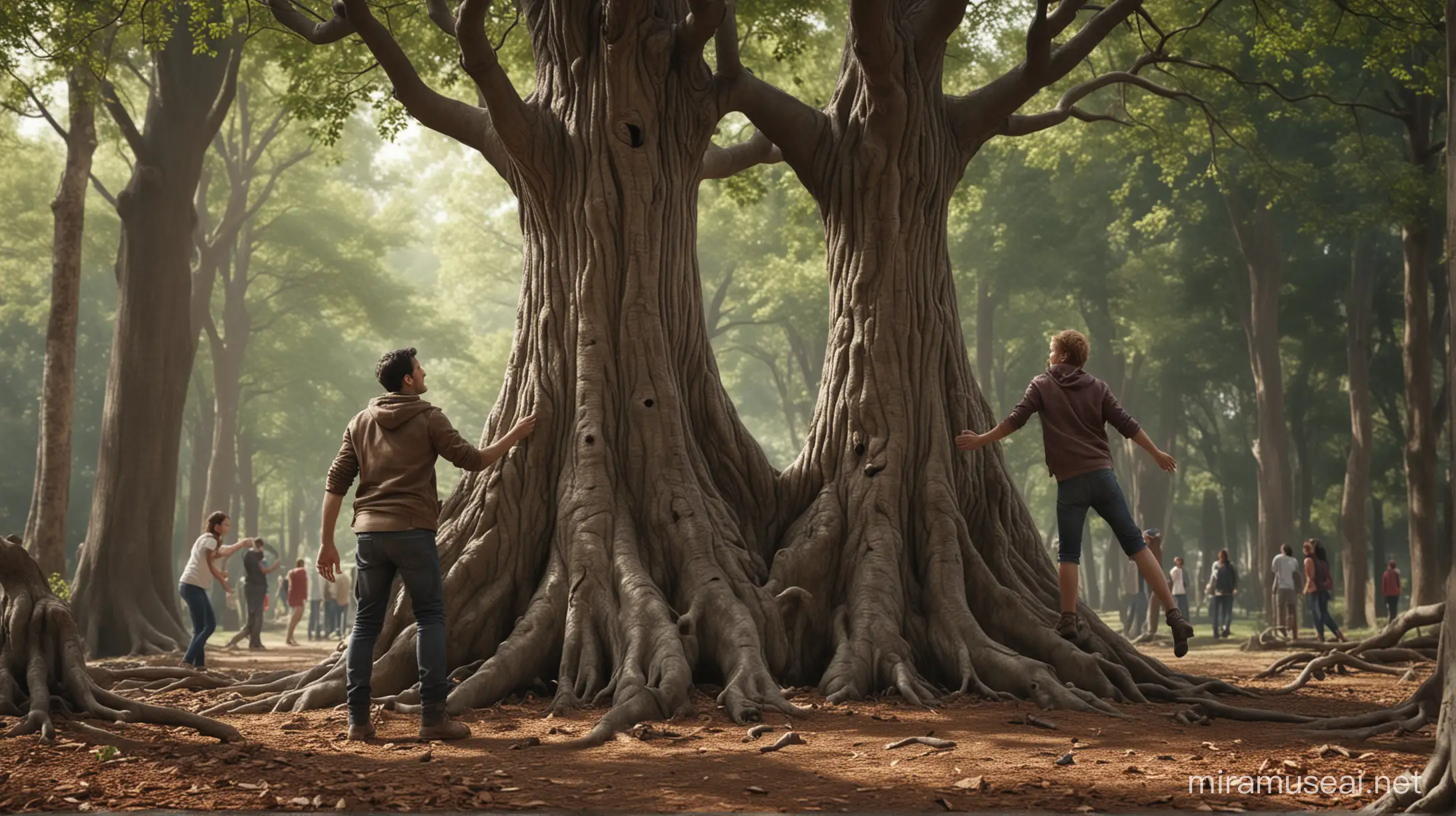 photorealistic image of people gatheing around a tree holding each others hand, canon 5d, 