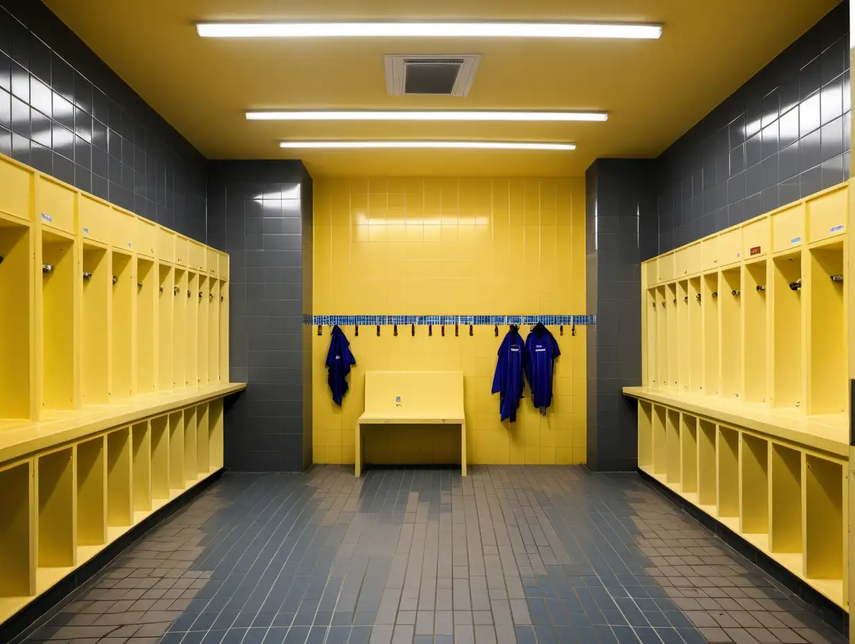 Contemporary Swimming Pool Locker Room with Stylish Grey Tiles and Vibrant Yellow Accents