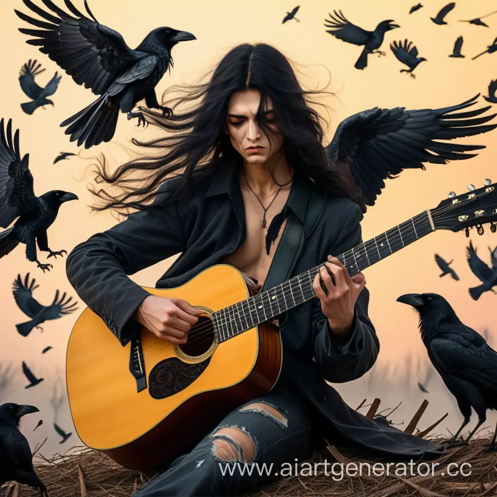 Девушка падший ангел с тёмными волосами играет на гитаре а вокруг летают вороны