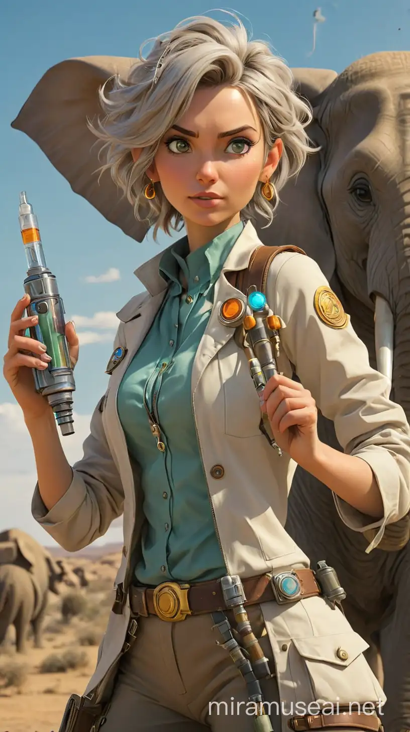solarpunk female doctor with a raygun syringe in hand, on top of a elephant