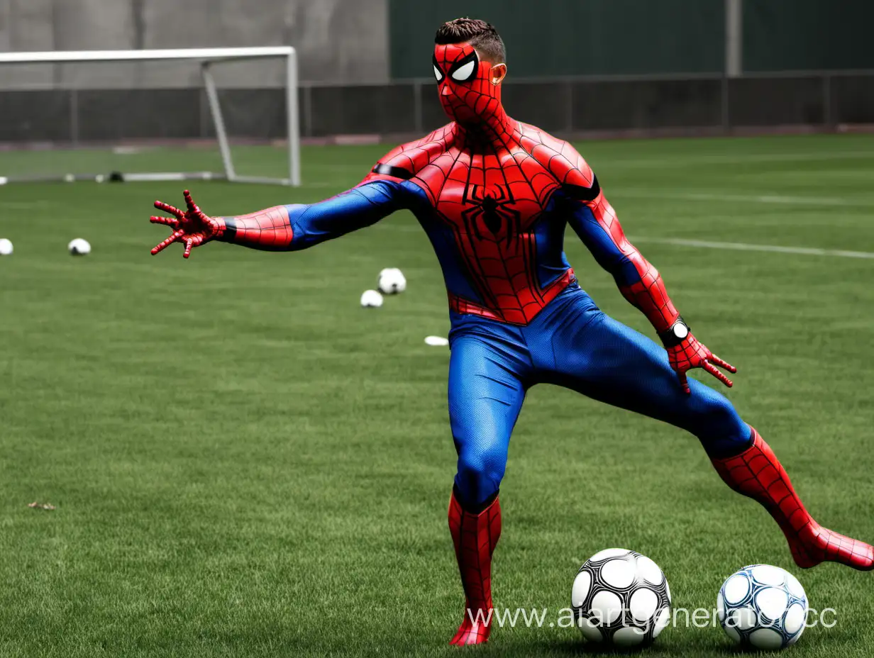 Роналду играет в футбол с человеком пауком