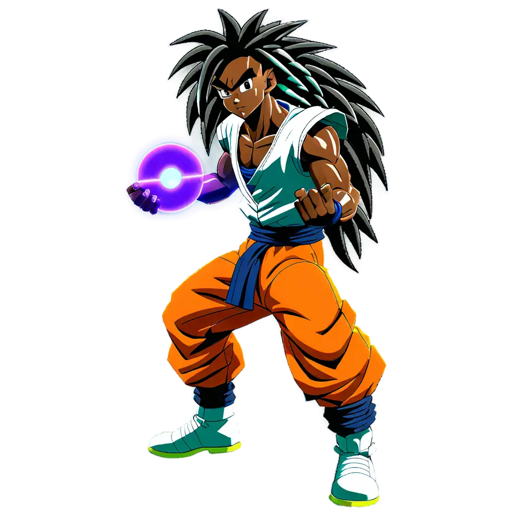 In the style of dragon Ball z anime, create a powerful black man with long dreadlocks with a PS4 controller floating near him for his clothes only use the  colors of neon green metallic purple black and grey for his clothes with a powerful aura around him with the same colors 