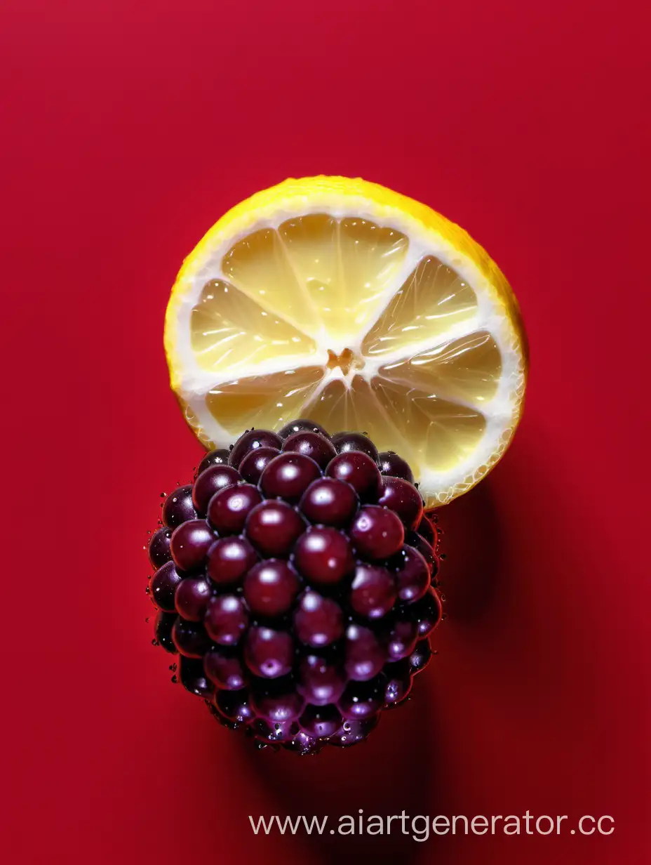 Boysenberry-Lemon-Slices-with-Water-Droplets-on-Red-Background