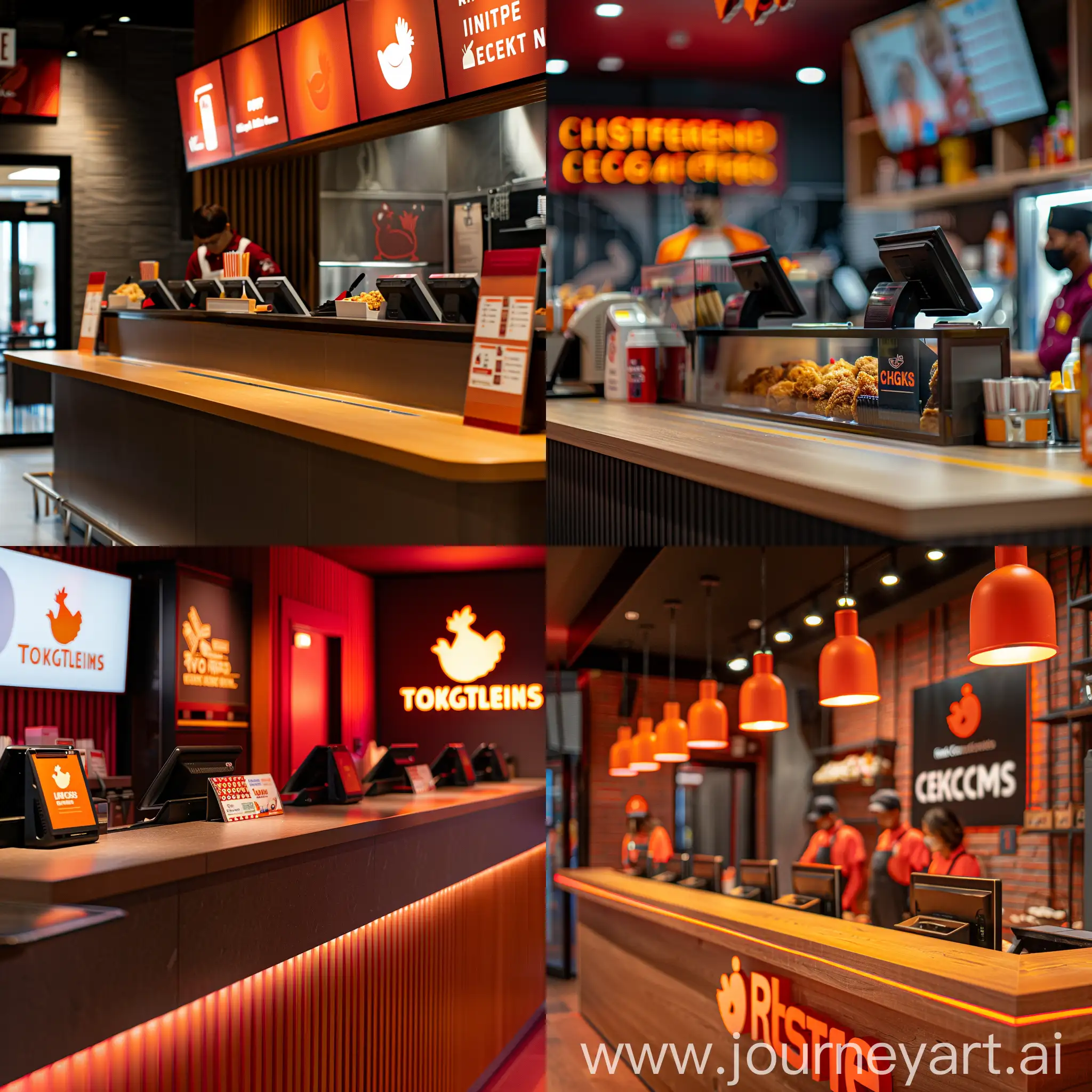chicken restaurant cashier desk and stuff welcome, uniform color dark red and orange, logo mockup close view display