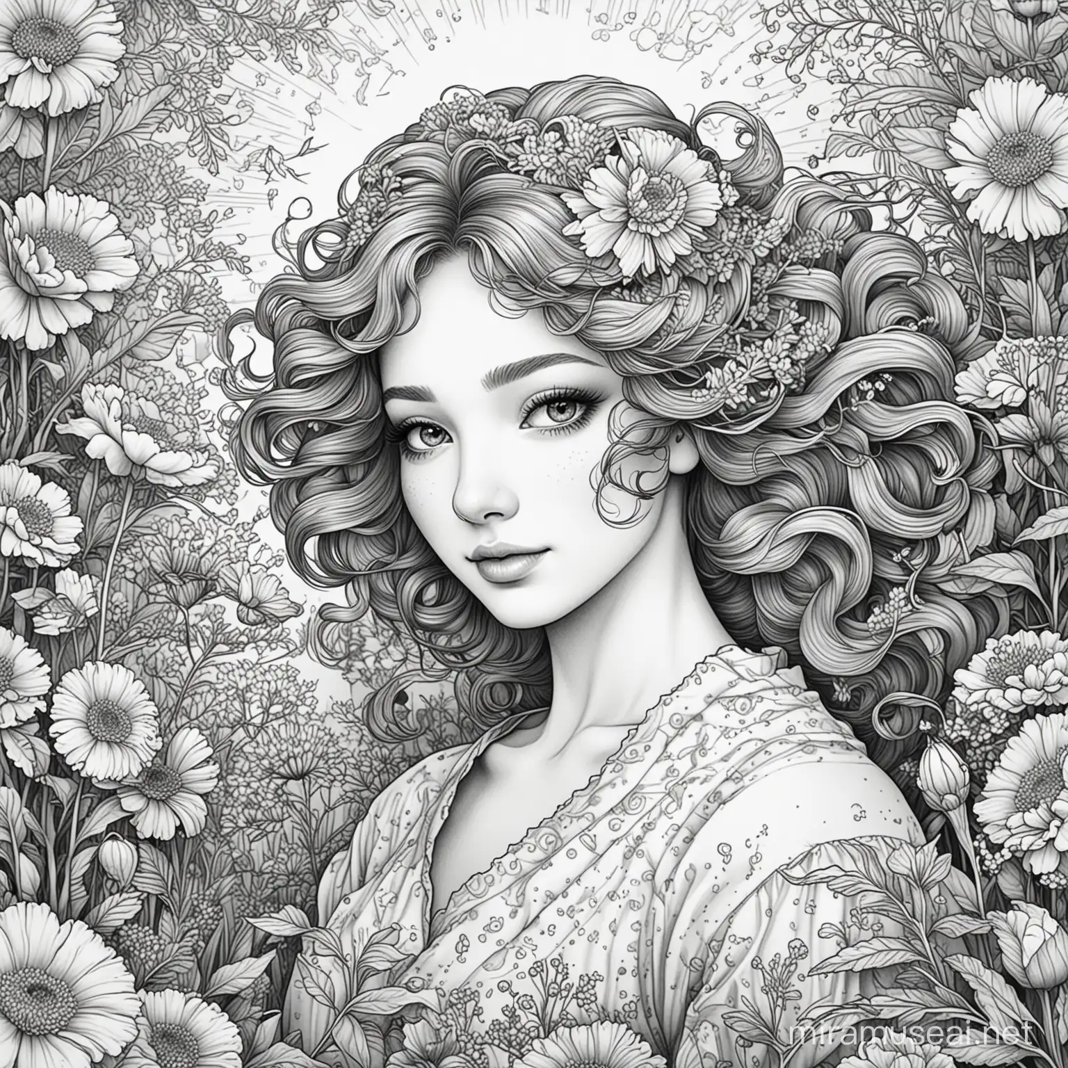 Generate a high-quality and visually stunning outlined only black-and-white illustration for coloring book of the Marigold Melody Spring Lady brings forth a melody of warmth and energy. The black-and-white petals symbolize the sun's radiance, infusing the atmosphere with the joyous spirit of spring. Each marigold becomes a musical note, inviting you to explore the lively and cheerful nature of these vibrant blooms through the eyes of the Marigold Melody Spring Lady. Let her be your muse in creating an artwork that captures the vibrant and uplifting essence of spring. The goal is to create a black and white illustration for coloring book that brings out the enchanting personality of the Marigold Melody Spring Lady and complements the festive spirit of spring season. Please ensure the final output is detailed, inviting, and suitable for a coloring book aimed at both children and adults., Mysterious, Mysterious, Mysterious