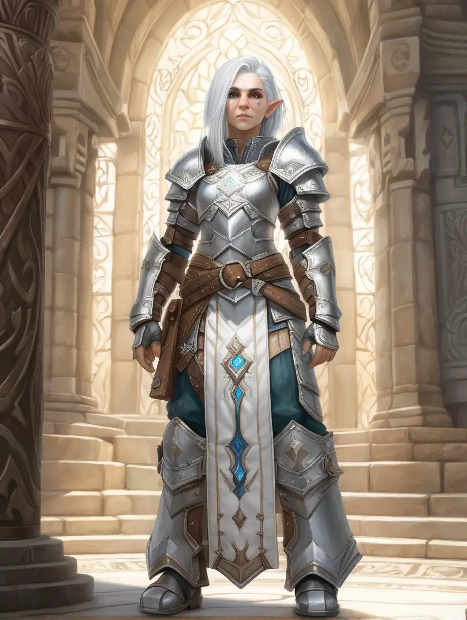 Generate a full-length portrait of a female deep gnome cleric of Sarenrae, brave but kind, gentle looking, white-haired, with a scar on her left eye, wearing full plate armor. She is standing in a temple of the ever-light showing her faith to the goddess. 