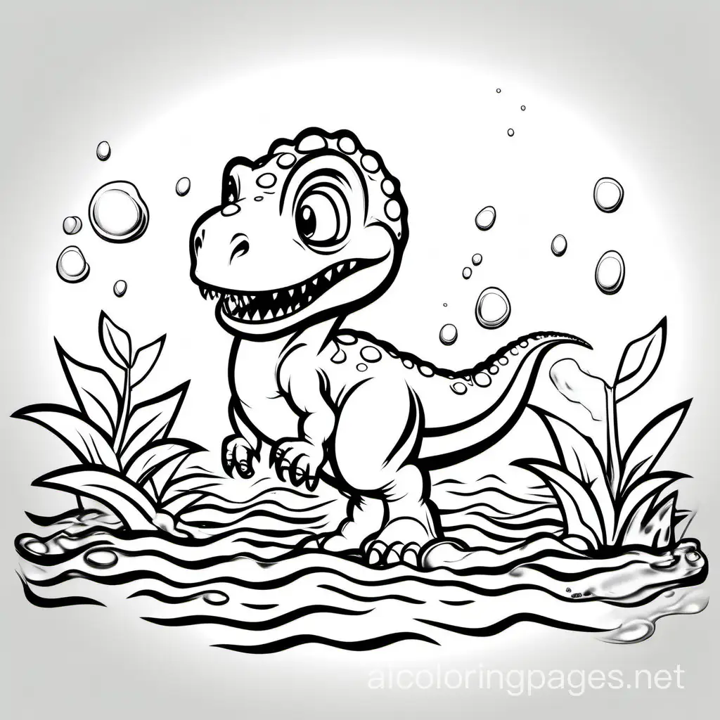 baby t-rex playing in water with a clear background, Coloring Page, black and white, line art, white background, Simplicity, Ample White Space. The background of the coloring page is plain white to make it easy for young children to color within the lines. The outlines of all the subjects are easy to distinguish, making it simple for kids to color without too much difficulty