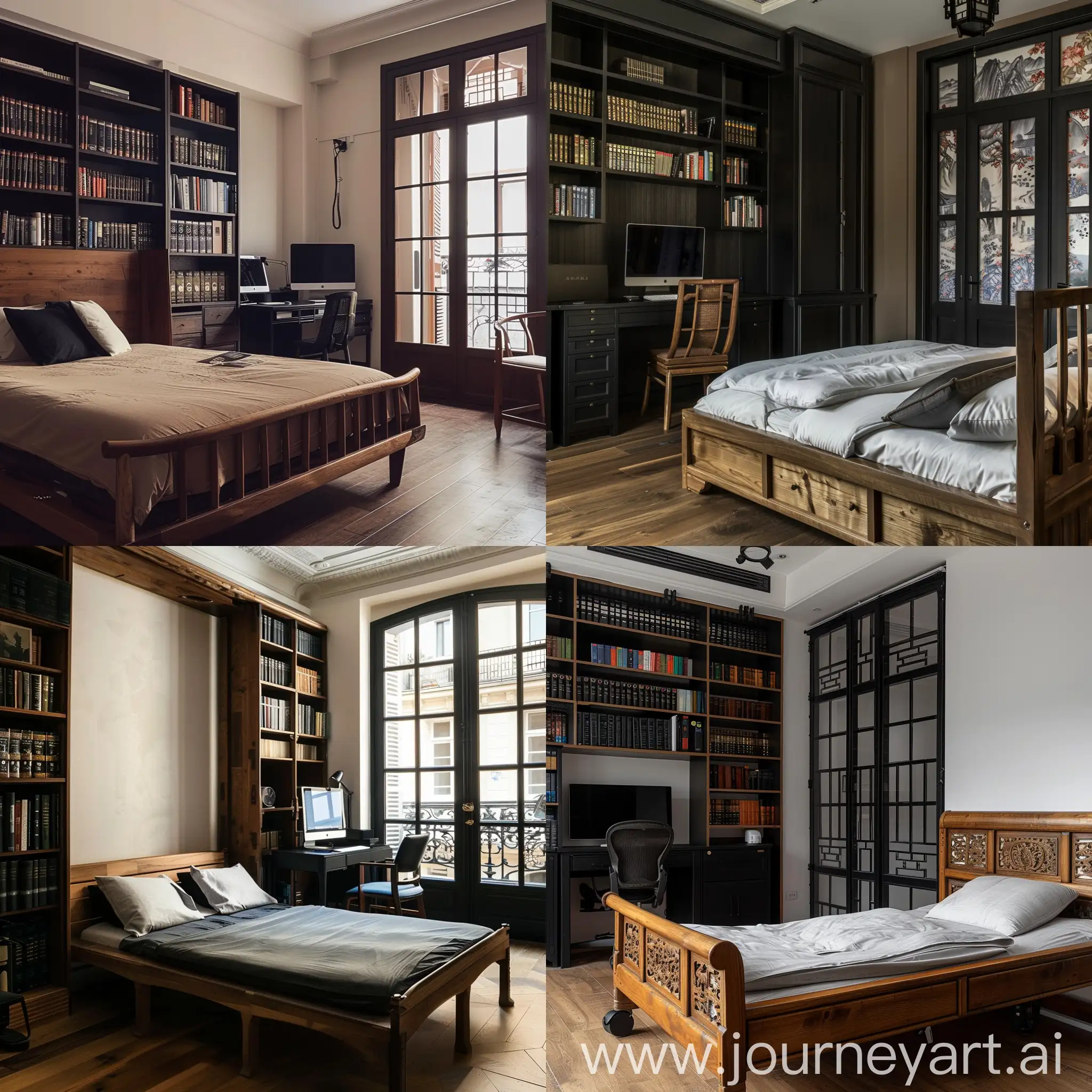 A bed room with minimal wood bed against the wall, dark book shelve next to at and infeon of the bed black Chinese desk and monitor on it, a chair behind desk facing the wall, the bed has big French door