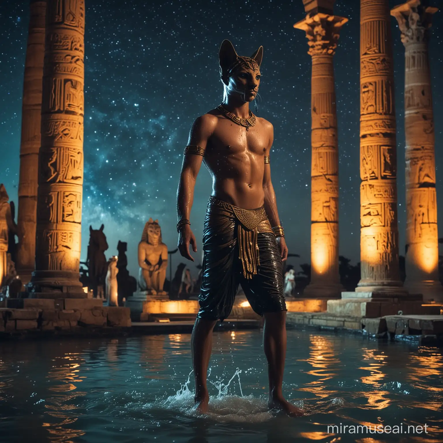 Sweaty wet, very muscled, 12 years old young teen boy, shaved hairdress, dancing in front of the statue of Bastet, with his feet in the water of an oasis. Dressed as a roman soldier shirtless. In the ruins of a egyptian temple. At night. The sky is full of stars with a huge galaxy. Blue neon colors ambient. With two leopards at the feet of the statue.