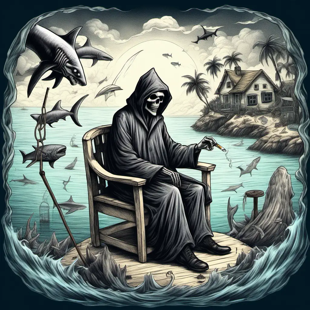 hand drawing grim reaper dressed like a doctor smoking a cigarette sitting on a chair on an siland in the sea with sharks swimmimg around
