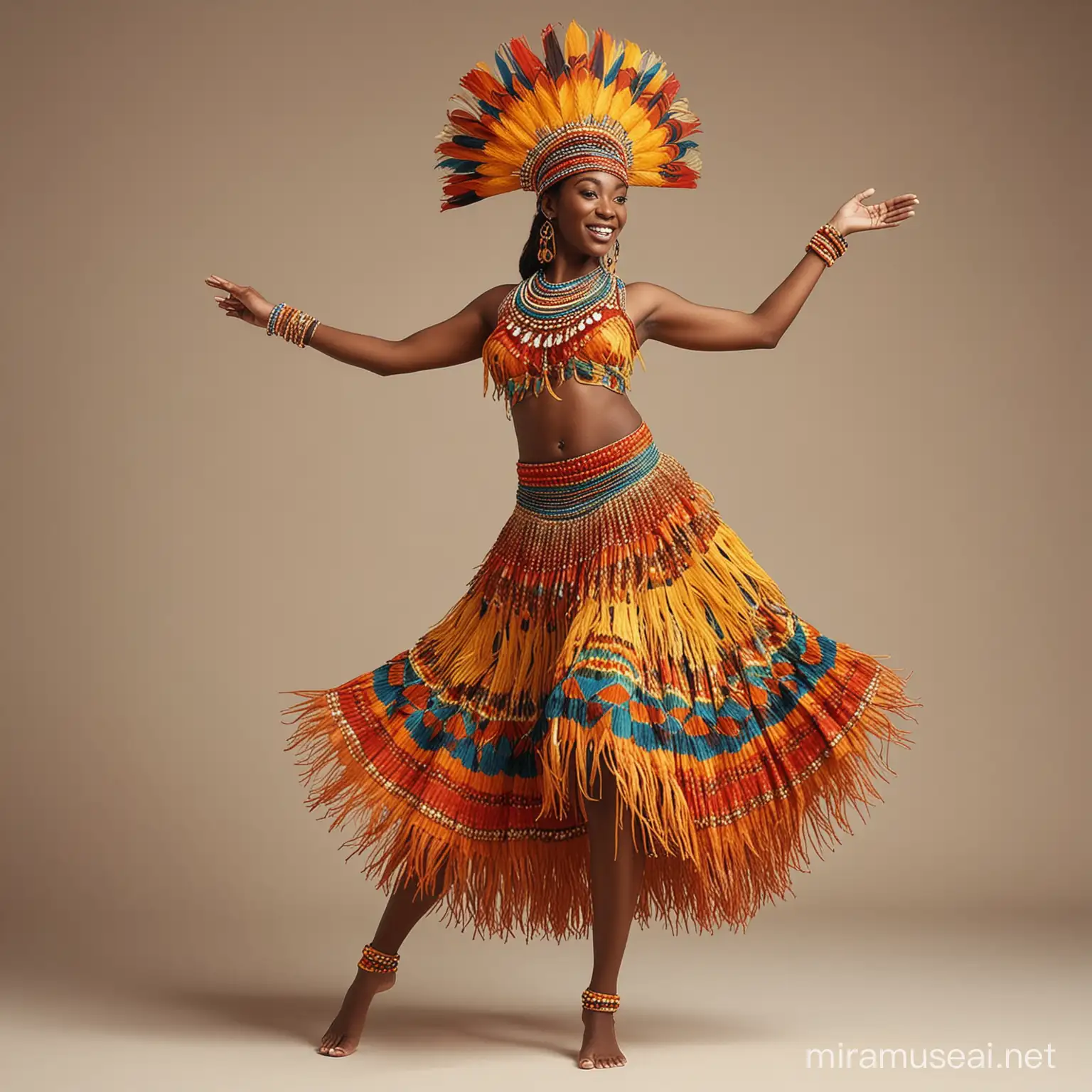 Create a stylized illustration of an African dancer in traditional attire. The dancer should be portrayed mid-performance with dynamic movement, captured in a moment of joyous expression. The costume is detailed with elaborate patterns, including geometric shapes and vibrant colors, such as reds, blues, greens, and yellows. The attire includes a grass skirt, feather headdress, and beaded necklaces. Accessories like bracelets and anklets add to the festive look. The dancer should be playing a traditional African drum, decorated with similar patterns as the costume. The background is a simple, flat color to make the figure stand out, and the style of the illustration is reminiscent of mid-century modern art with bold shapes and flat colors, 32k render, hyperrealistic, detailed.