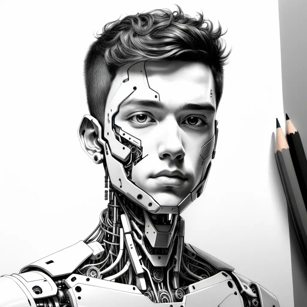 drawing of a young man half human half robot