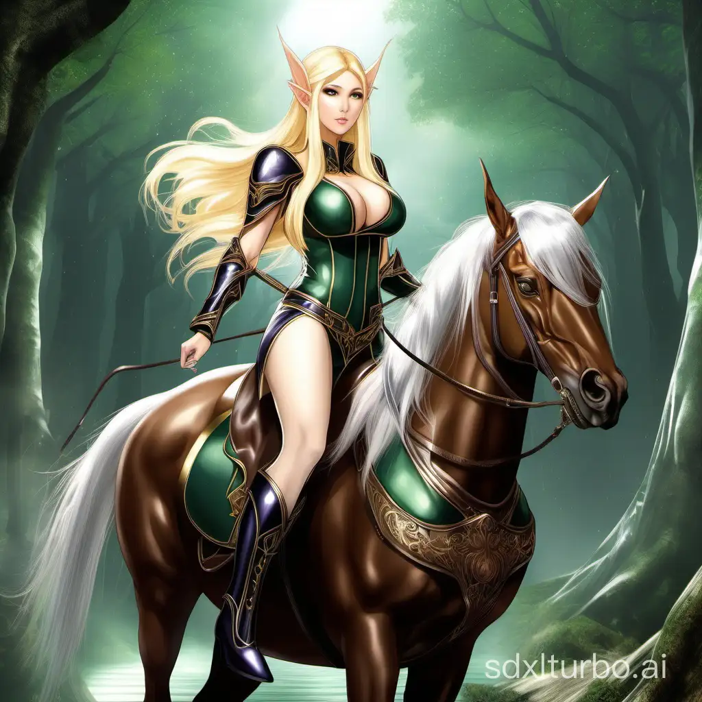 a busty elf princess relaxing in a deep v leather dress riding a horse, sexy, luxury, golden hair, silver diadem, japanese, wide hips
