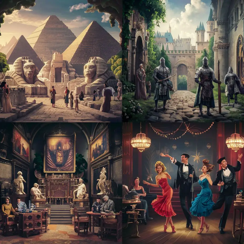 Artistic renditions of different historic periods, from ancient civilizations to the roaring twenties, capturing their unique styles and atmospheres.