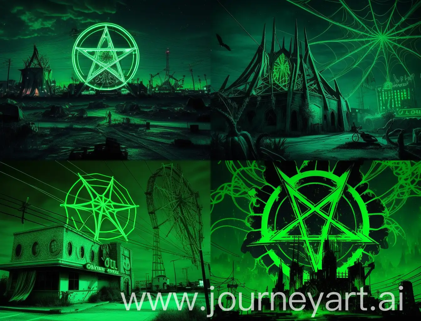 city full of casinos and nuclear power plants and cheap amusement parks and circus tents and sunken cruise ships with spider webs neon green the sky is green and there's a green pentagram in the sky