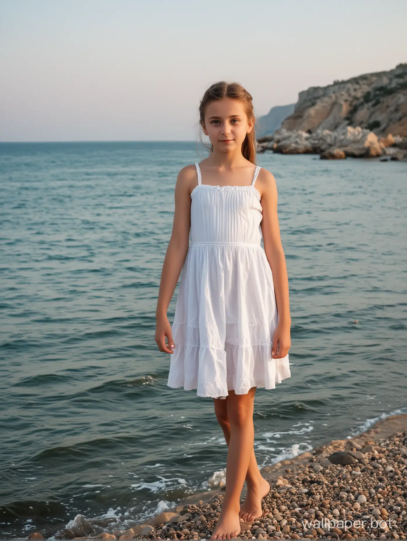 Крым, возле моря, девочка 11 лет в коротком белом платье 