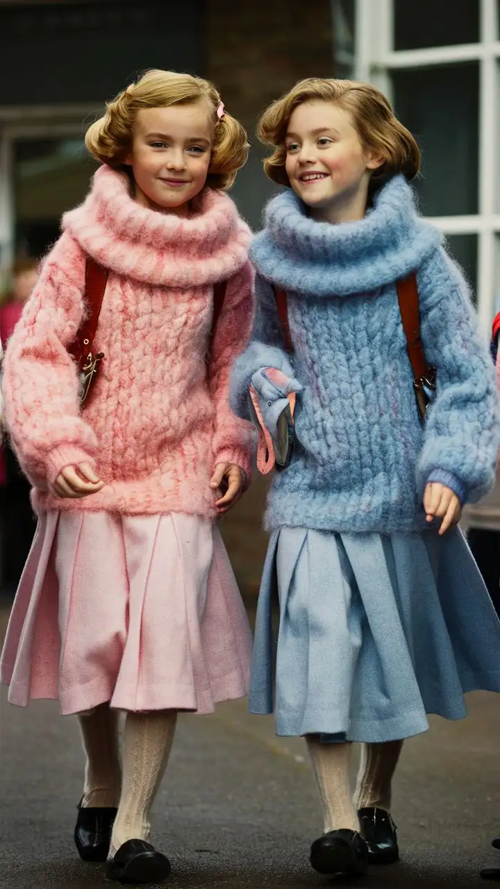 department store catalog, 12 year old girl and her 10 year old sister are modeling identical, thick knit, warm and very fuzzy pink and blue mohair turtleneck sweaterdresses. oversized turtleneck collar. wool tights, long dress. oversized fit. flared skirt. the yarn has a very soft and fluffy appearance. outside at school
