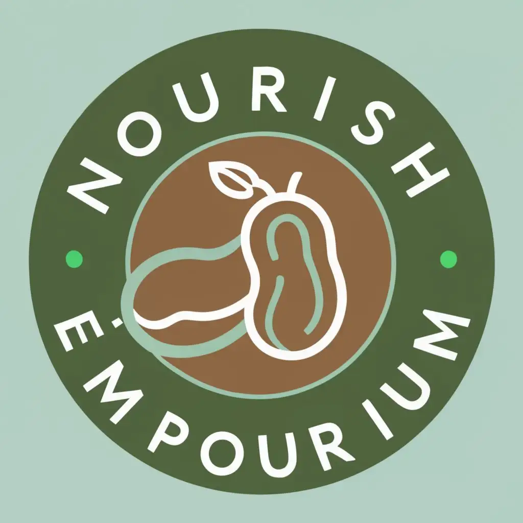 logo, Imagine a stylized peanut with a green leaf integrated into its design, symbolizing the natural and holistic aspect of your products. Around this central element, you can have the name of your store in a clean and modern font, perhaps with the word "Nourish" in a warm brown color and "Naturals" in a soothing green. This combination of imagery and text will create a memorable logo that reflects your brand's identity as a provider of healthy and natural products., with the text "NourishNaturals Emporium", typography