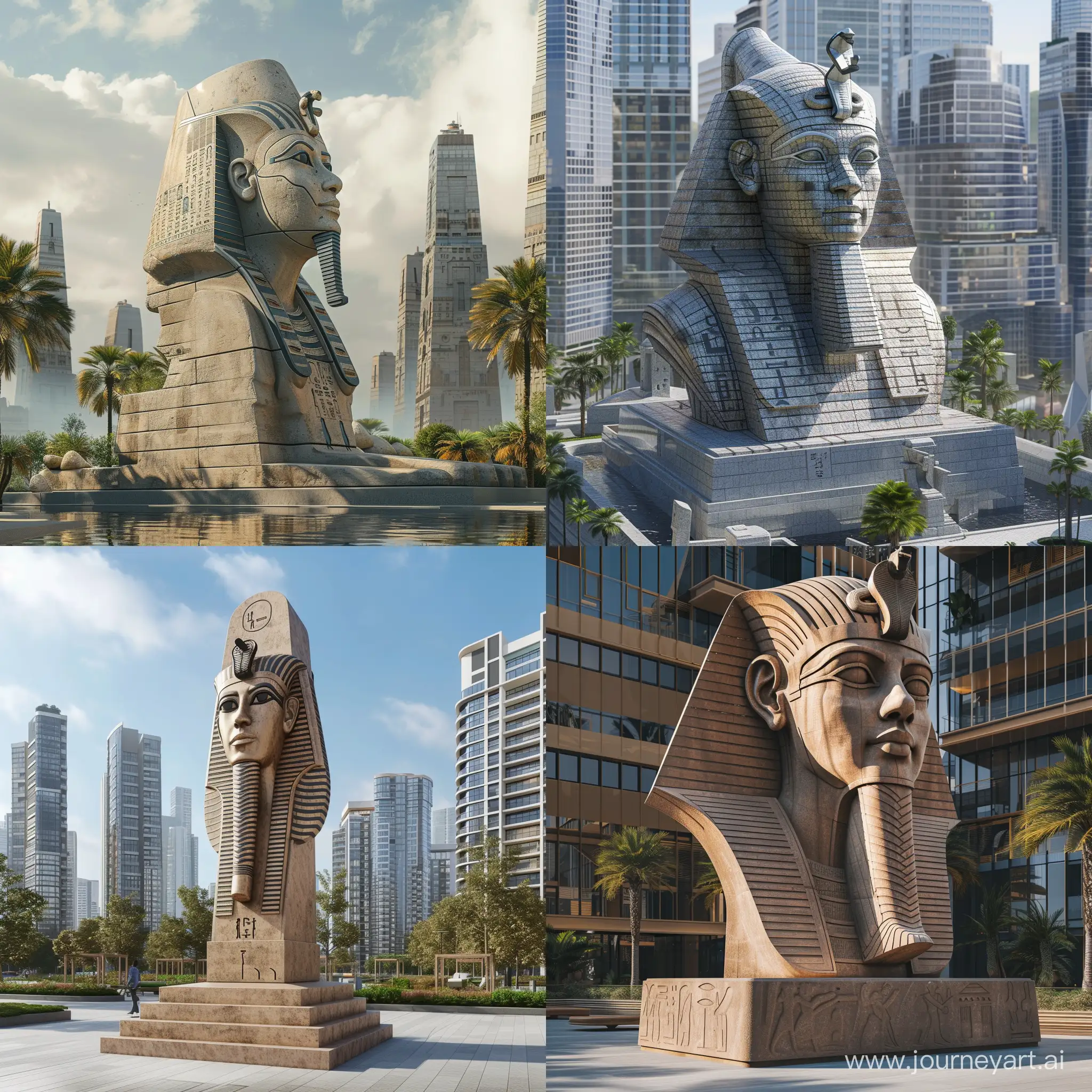 A monument in a modern city in the Pharaonic style with artificial intelligence