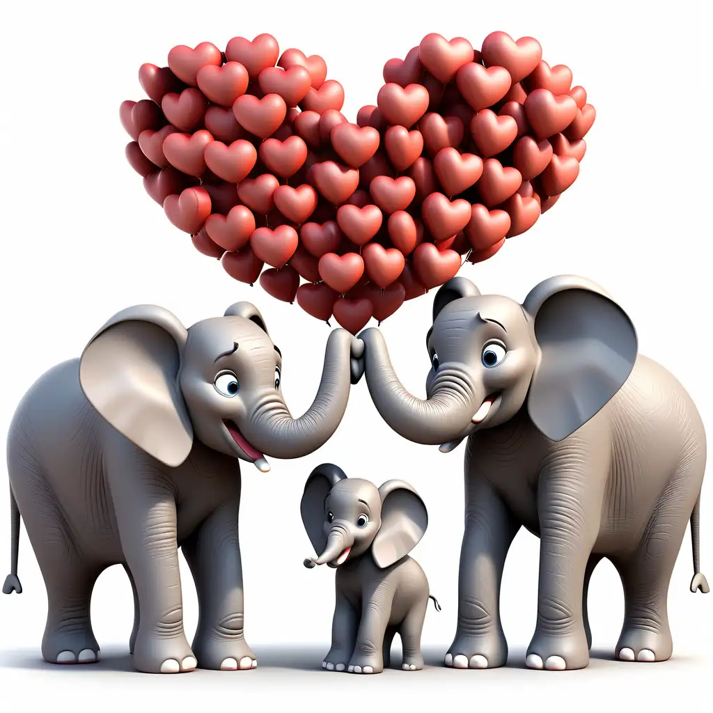 Create a tender 3D Pixar-style clipart of a family of elephants forming a heart shape with their trunks. The scene should radiate warmth and love, with each elephant contributing to the heart formation. Place this heartening family moment against a plain white background.