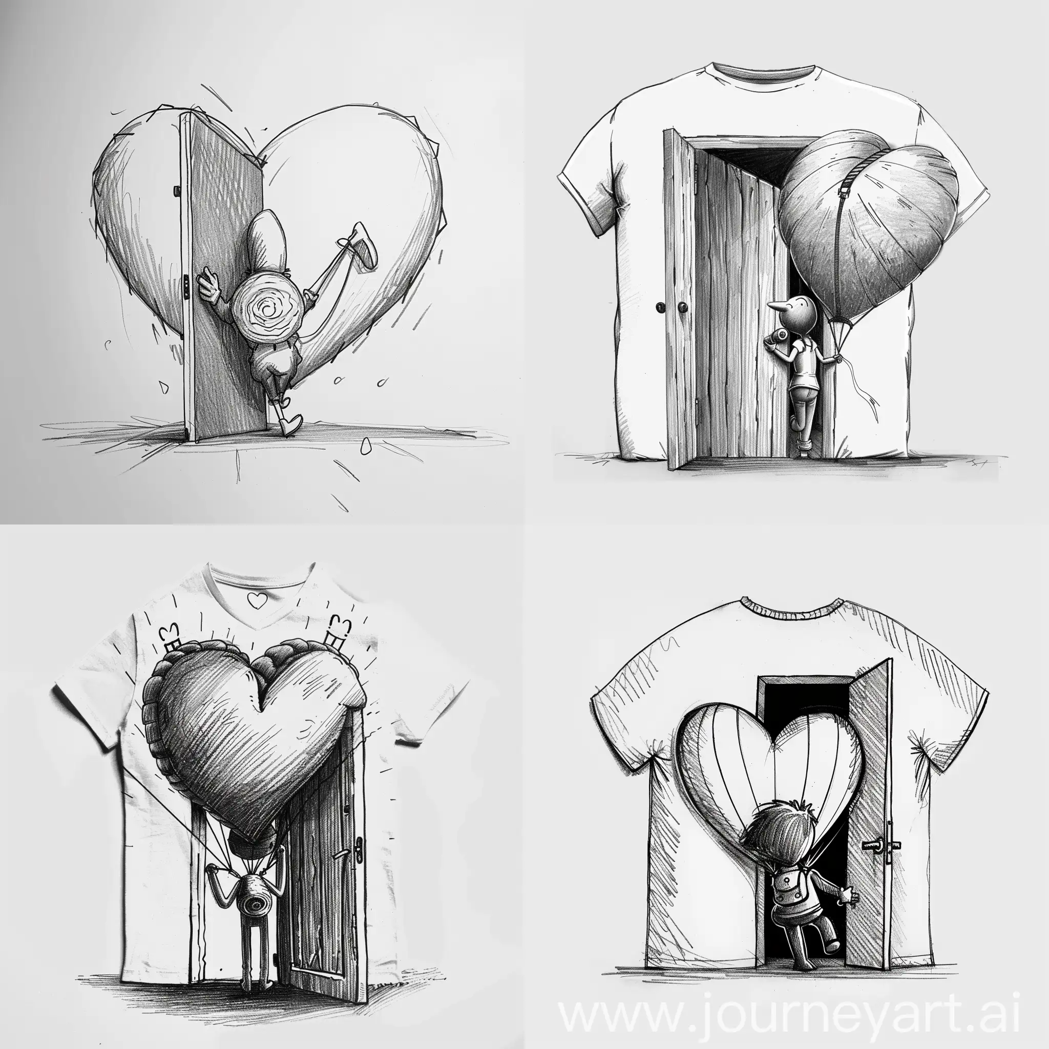 create a cartoon character in the form of a heart, with a rolled-up parachute behind his back and he comes out of the door facing me, in a contour pencil technique, a black-and-white drawing, without a background, a drawing on a T-shirt