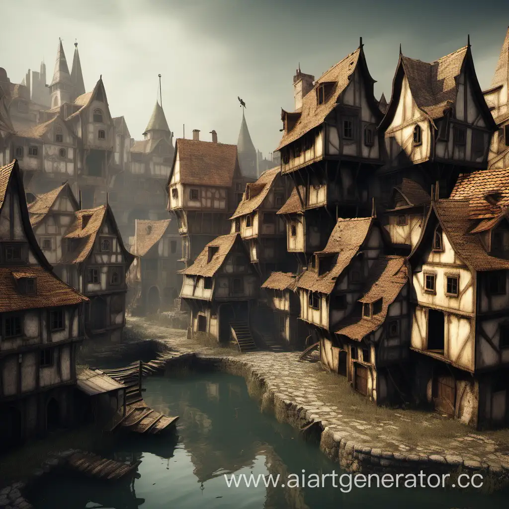 poor district of a medieval city with small and dilapidated houses in a fantasy style