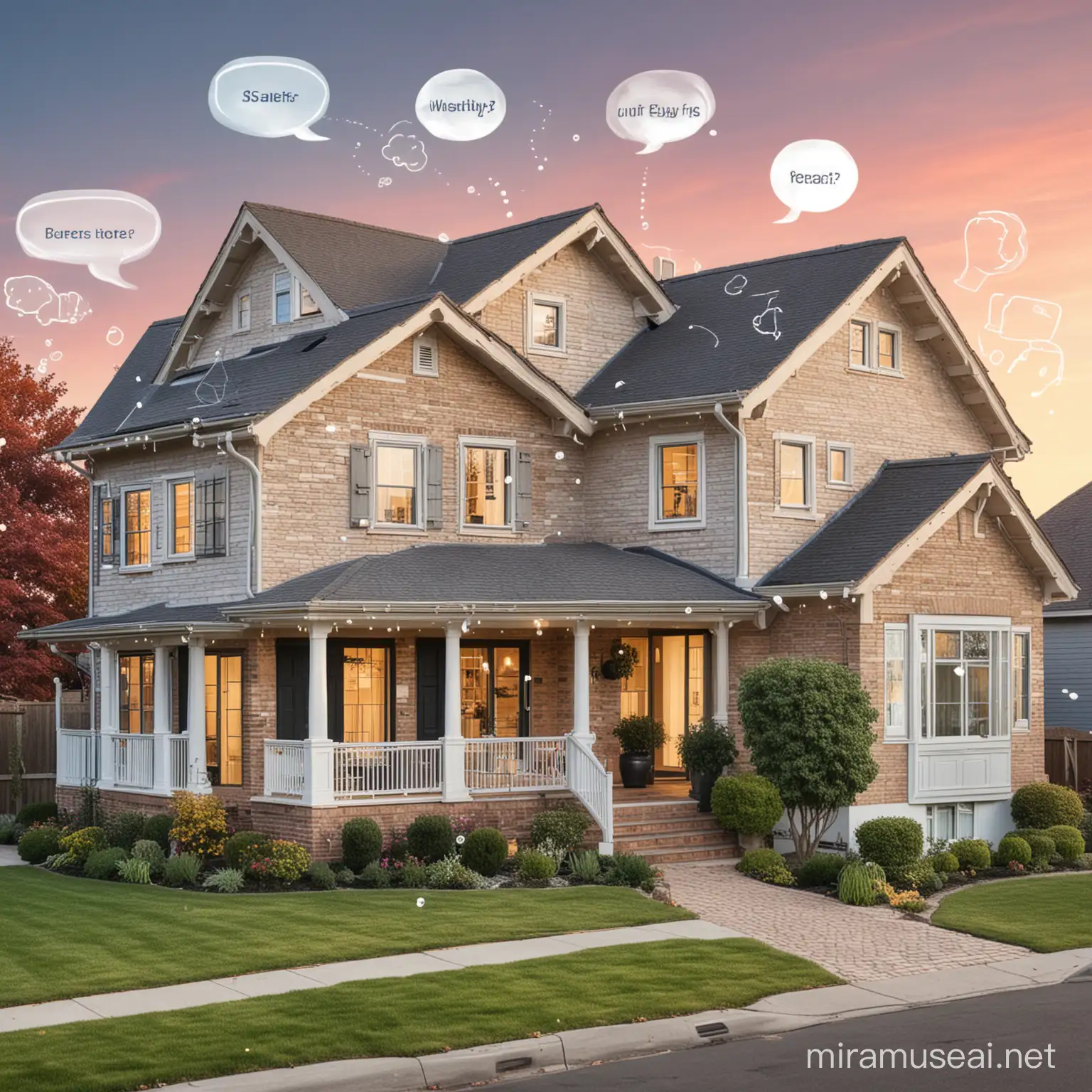 Une image présentant une maison de rêve avec des bulles de texte mettant en évidence les avantages du guide d'achat.