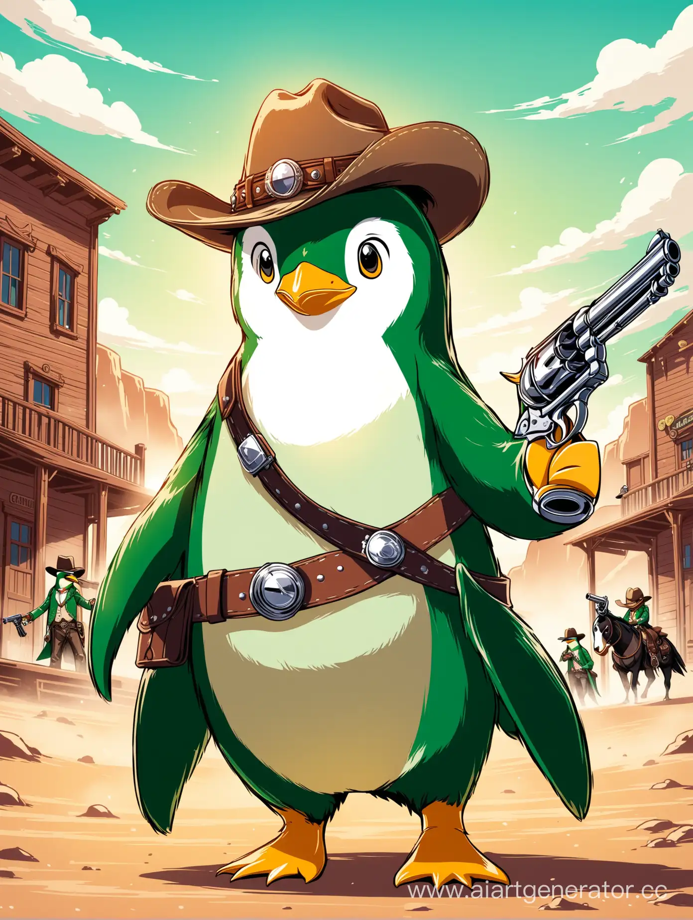 Зелёный пингвин, пингвин, пингвин зелёного цвета, шляпа ковбоя, револьверы, дикий запад, отличное качество.