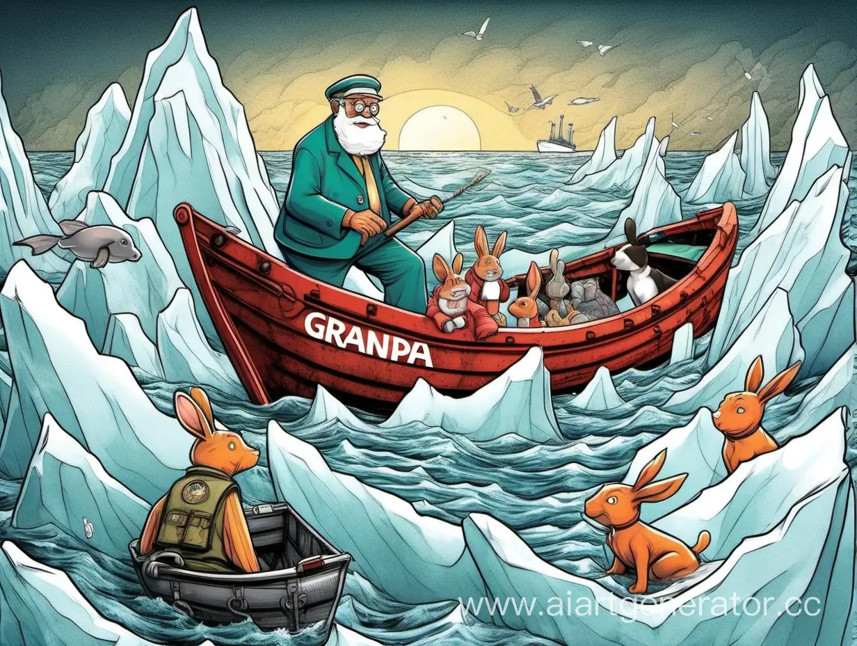 юморной Дед Мазай в лодке спасает Зайцев с айсберга, на фоне тонущий огромный лайнер корабль, в лодке сидит собачка, на Айсберге сидит русалка, в воде тонут люди и дед их спасает спасательным кругом