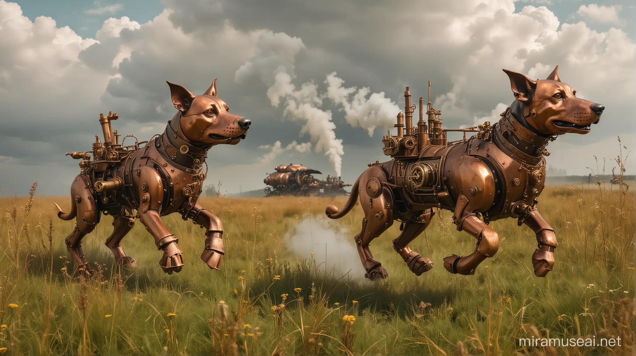 two steampunk mechanical dogs made of copper and brass run through a meadow, steam, smoke, cloudy