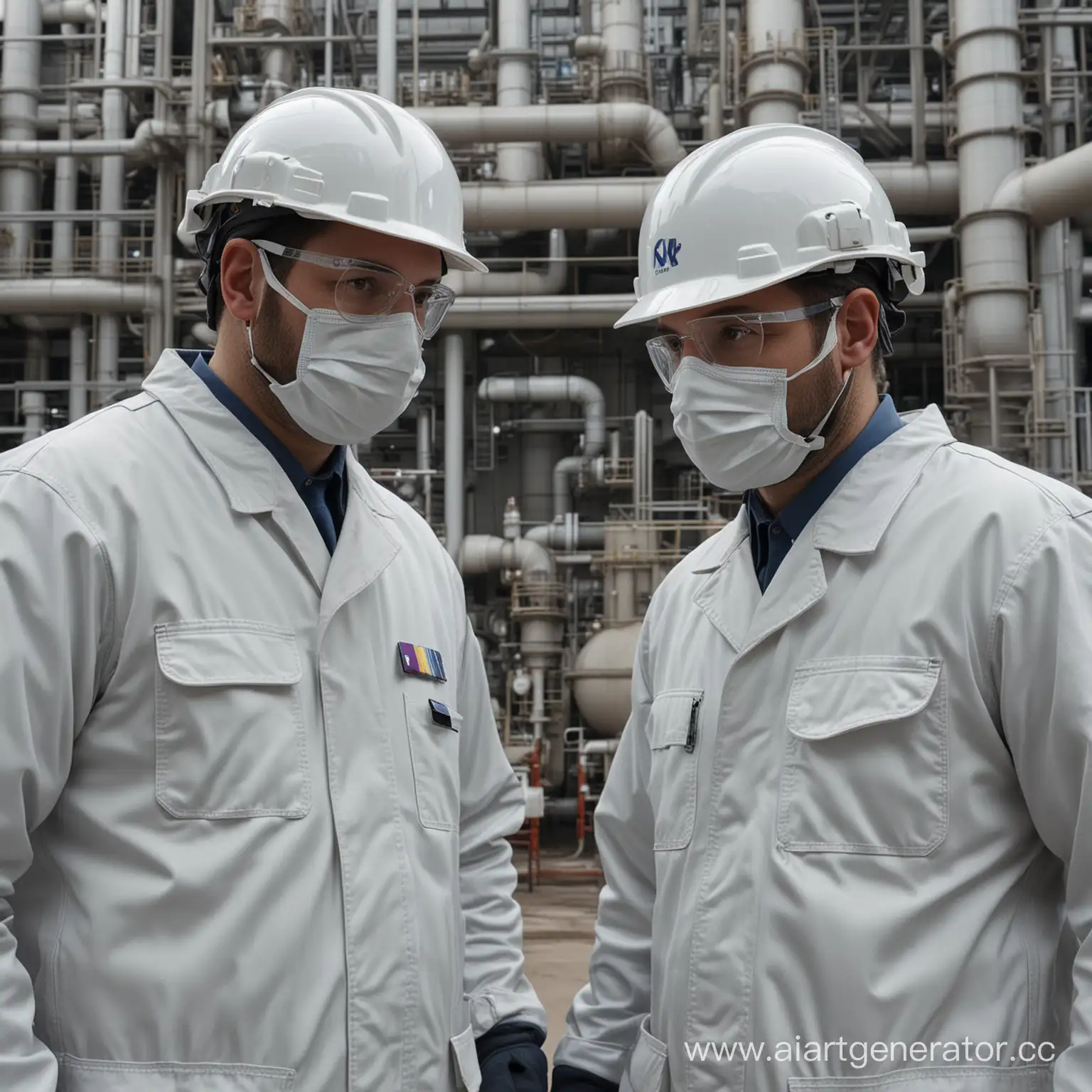 Фотография двух мужчин в белых касках и рабочей одежде на фоне нефтехимического завода, проводящих дефектоскопию, ультратонкие детали, реализм,  2K, 3D