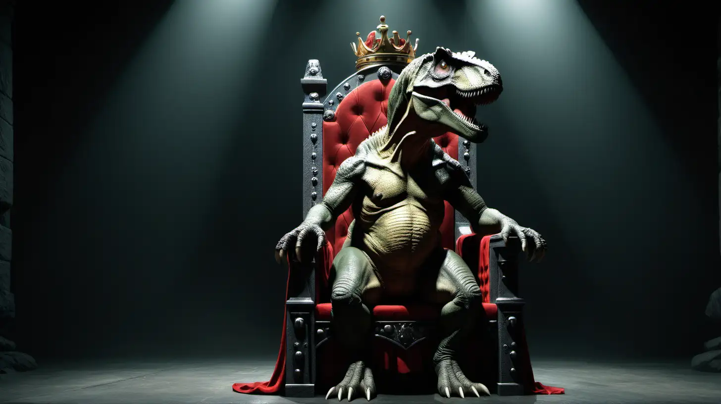 t-rex sitting on a throne as a king in a dark room 