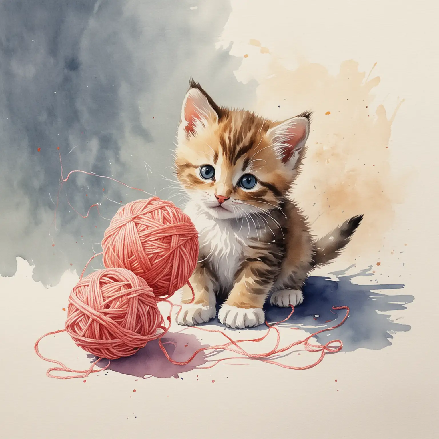 Adorable Kitten Playing with Colorful Yarn in a Whimsical Watercolor Scene
