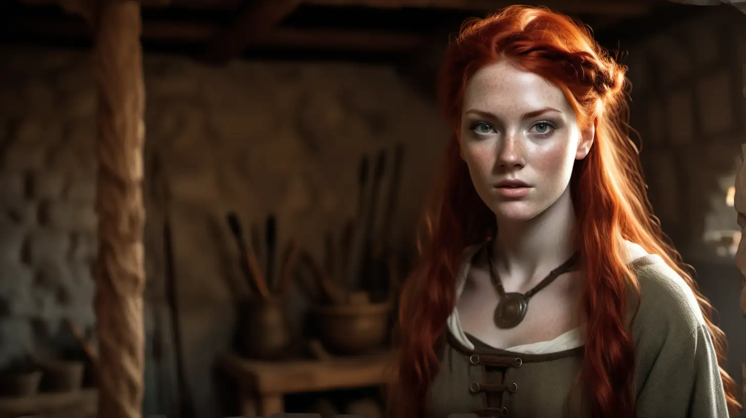 create a realistic image of the same beautiful young woman with her red hair down, as she is in the home of an Iron Age hunter, as if she has been transported in time
