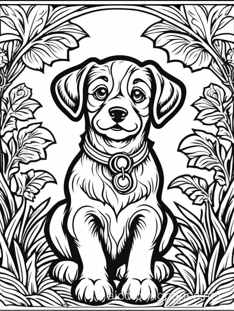 isolated puppy, elaborate, highly detailed, woodcut style, white background, fine art, masterpiece,, Coloring Page, black and white, line art, white background, Simplicity, Ample White Space. The background of the coloring page is plain white to make it easy for young children to color within the lines. The outlines of all the subjects are easy to distinguish, making it simple for kids to color without too much difficulty
