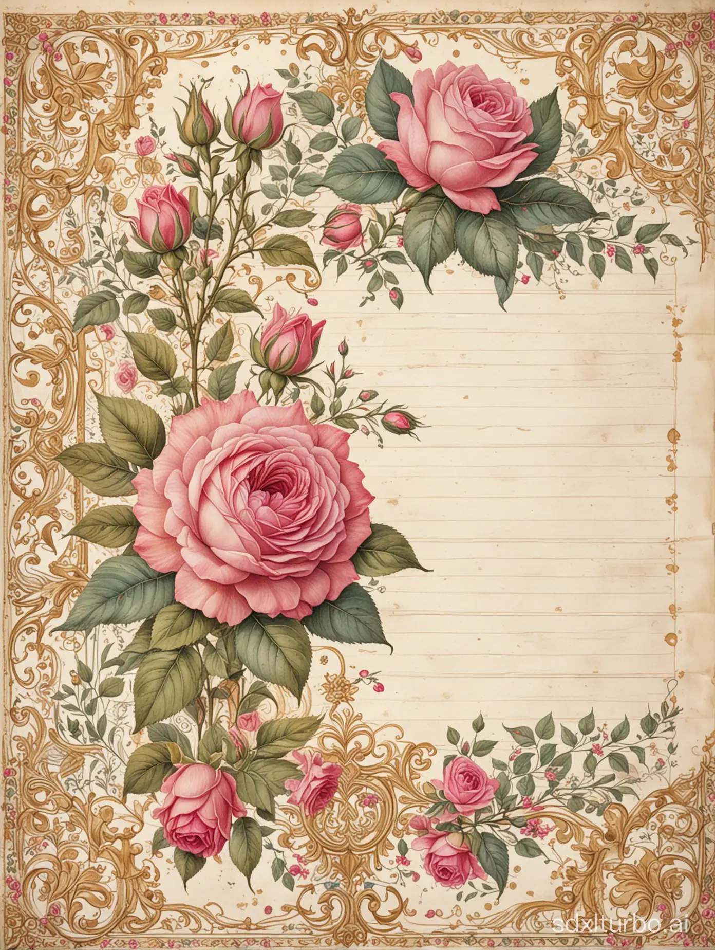 an old lined vintage ledger paper, decorated at the edges with medieval ornaments, pink roses and golden splashes, richly detailed delicate and intricate drawing and watercolor painting