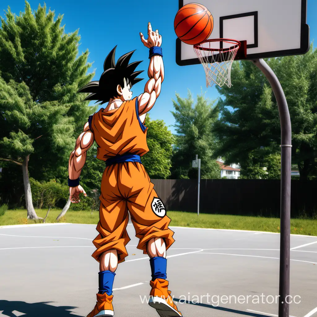 Goku from Dragon Ball Z playing basketball outside. Nice summerday. A few trees.
