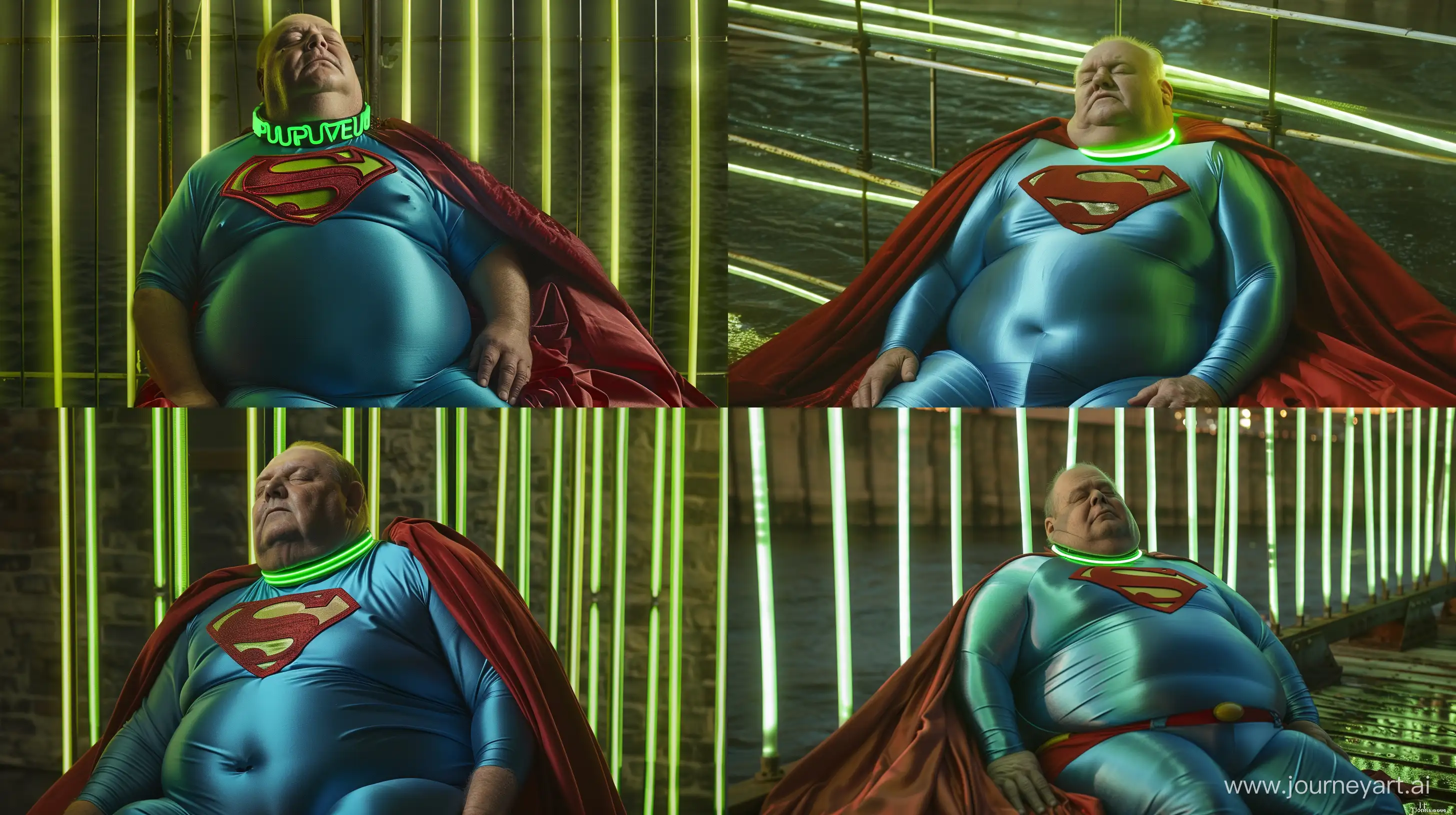 Photo of a fat man aged 60 wearing a silk blue superman tight costume with a big red cape and a tight green glowing neon dog collar. Sleeping against green glowing green neon bars. River. Natural light. --style raw --ar 16:9