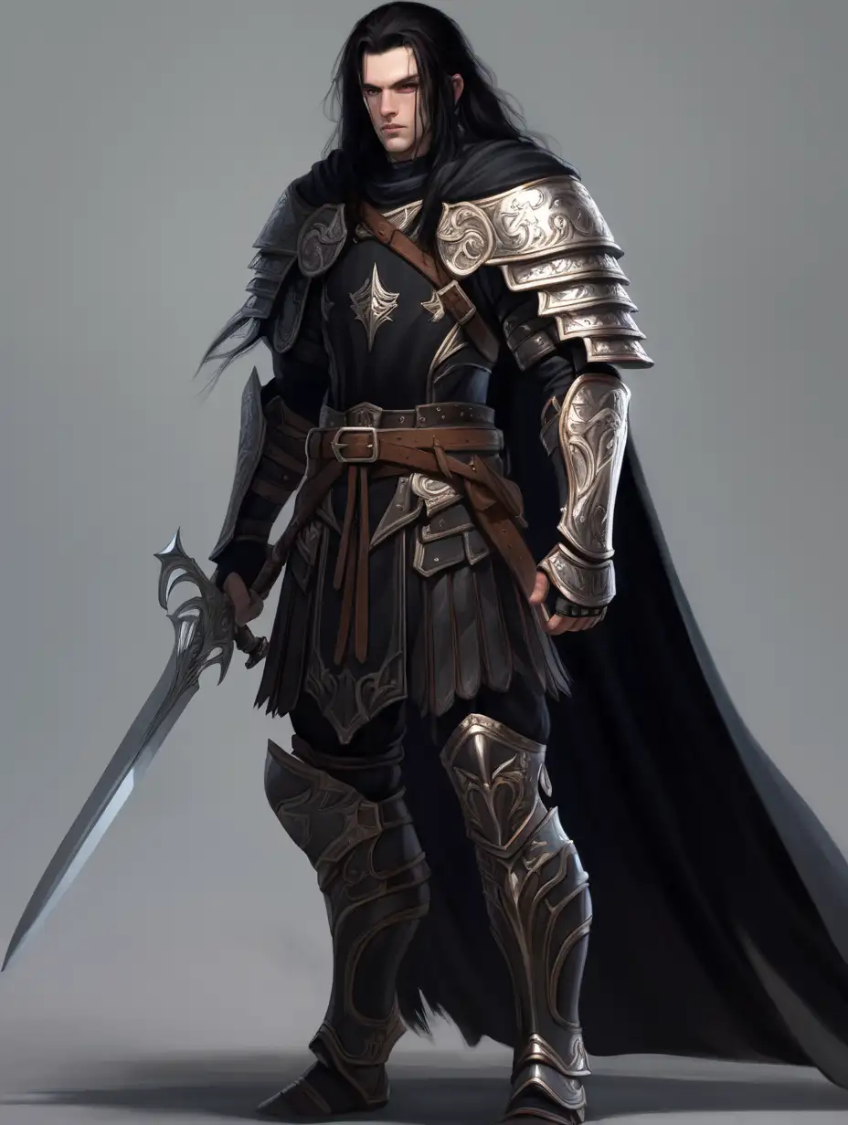 A human fighter in his early thirties. Male. Pale skin. Black armor. Black long hair. Cape.