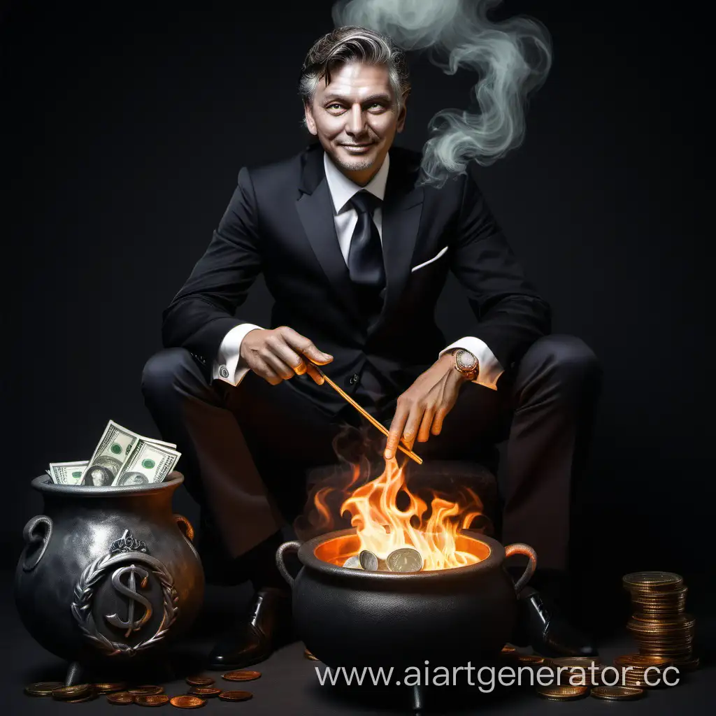 Wealthy-Man-Enjoys-Counting-Gold-Coins-by-the-Cauldron