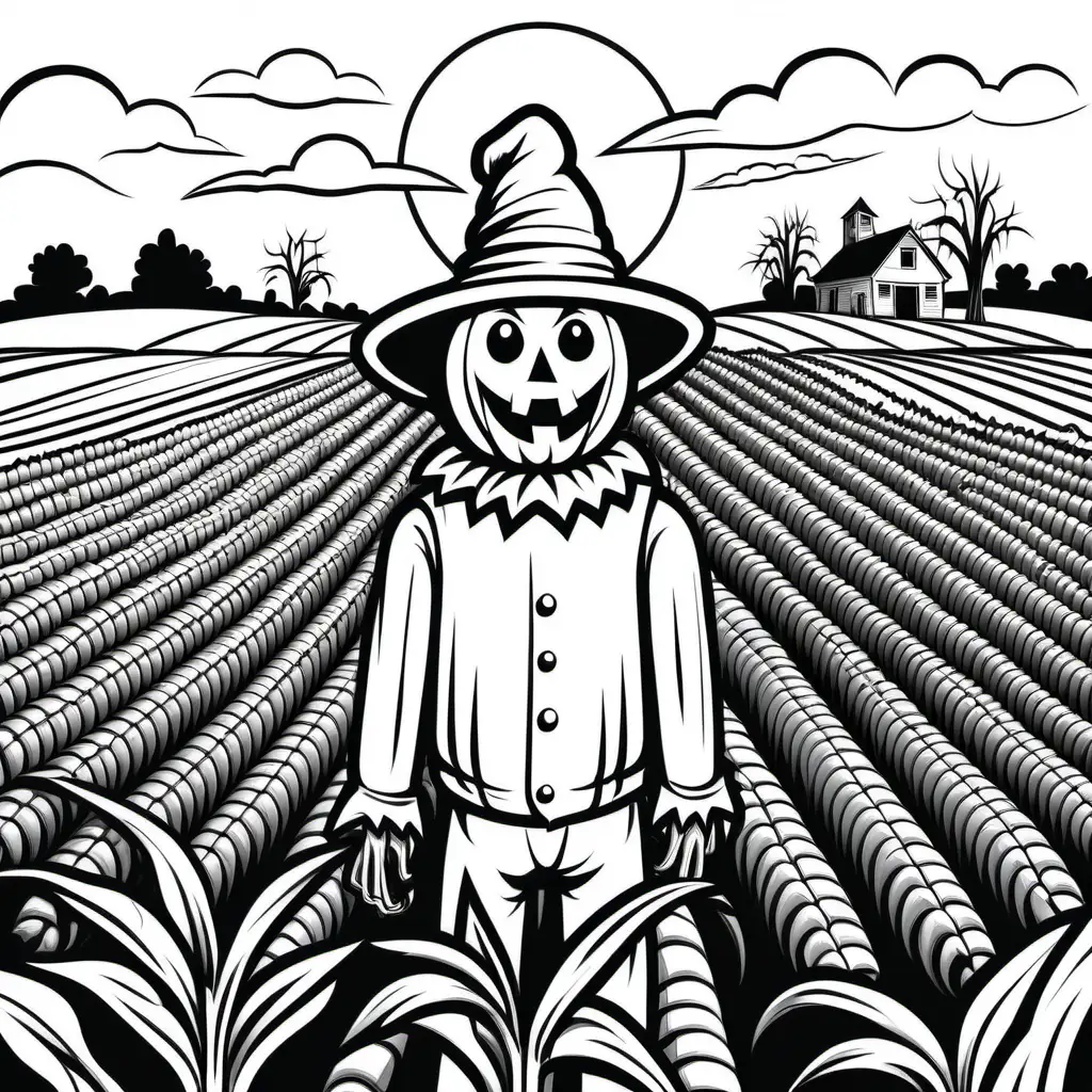 simple black and white coloring book illustration of a corn field with scary scarecrow  