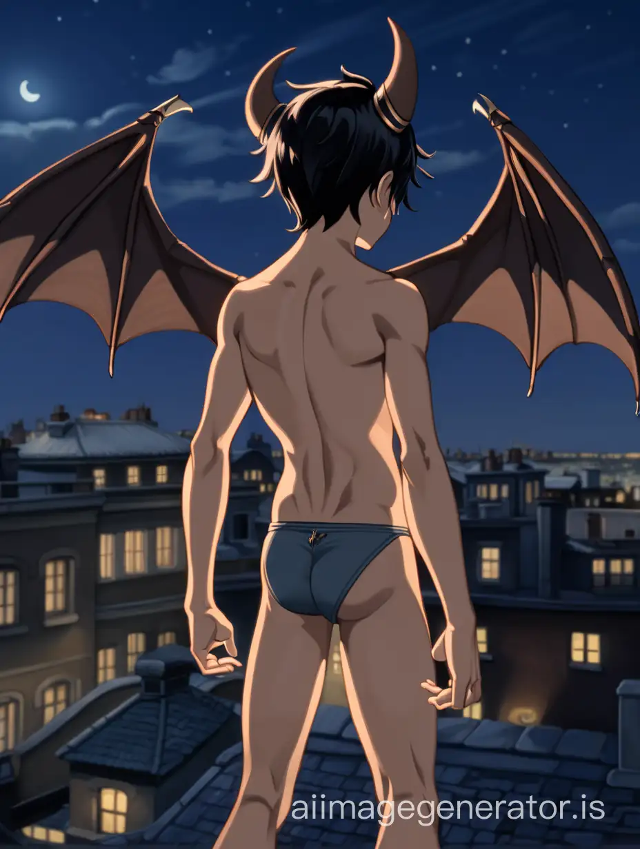 A 14 years old boy. He has bat-like Wings on his Back and dark Hair. He wears a speedo. He has Claws on his hands and feets. On his head two small horns. He has a Tail at the end of his spine. Its a night scene on a rooftop. Show the entire boy in front and a long shot.