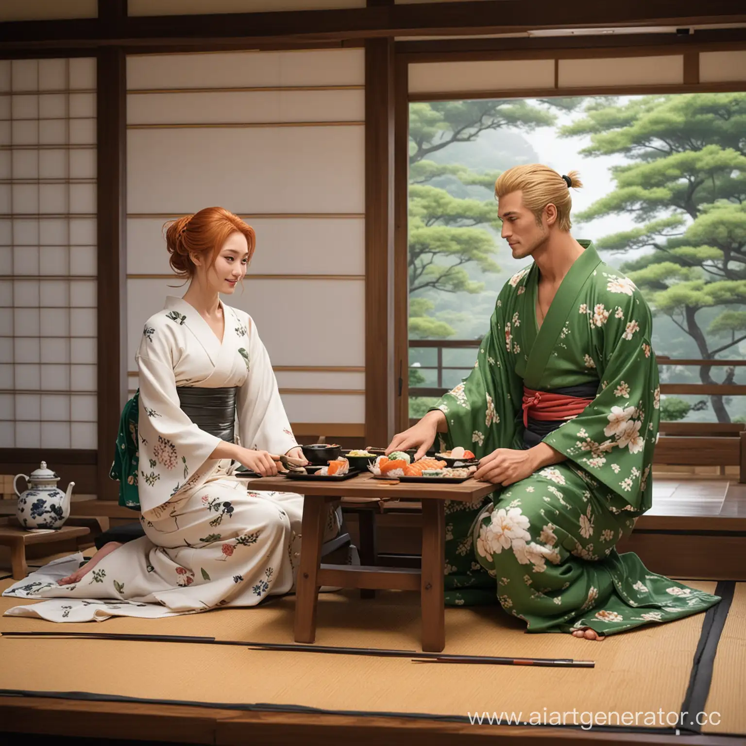 Nami and Zoro having a romantic sushi dinner in a traditional Japanese house and dressed with white and green simple kimonos