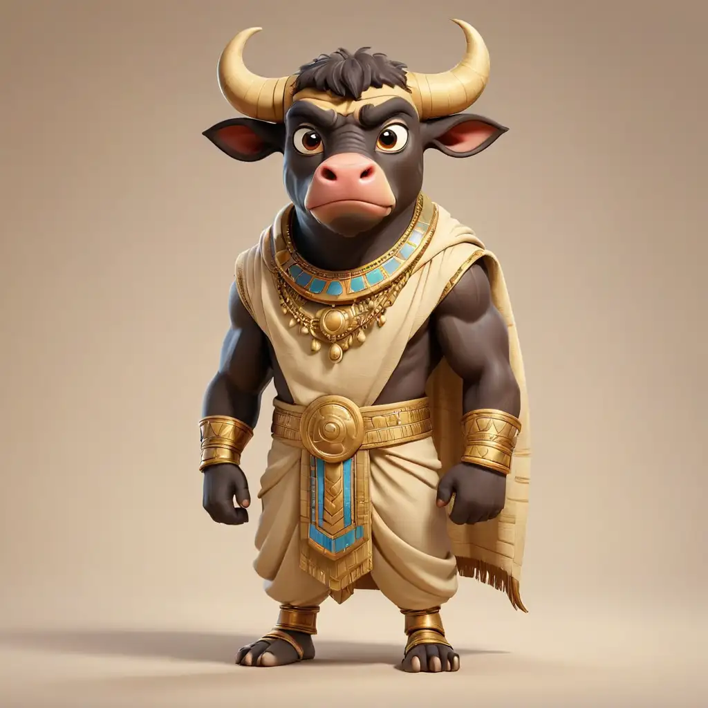a funny bull, cartoon style, full body, big eyes, clothes of the pharaohs of ancient Egypt, clear background