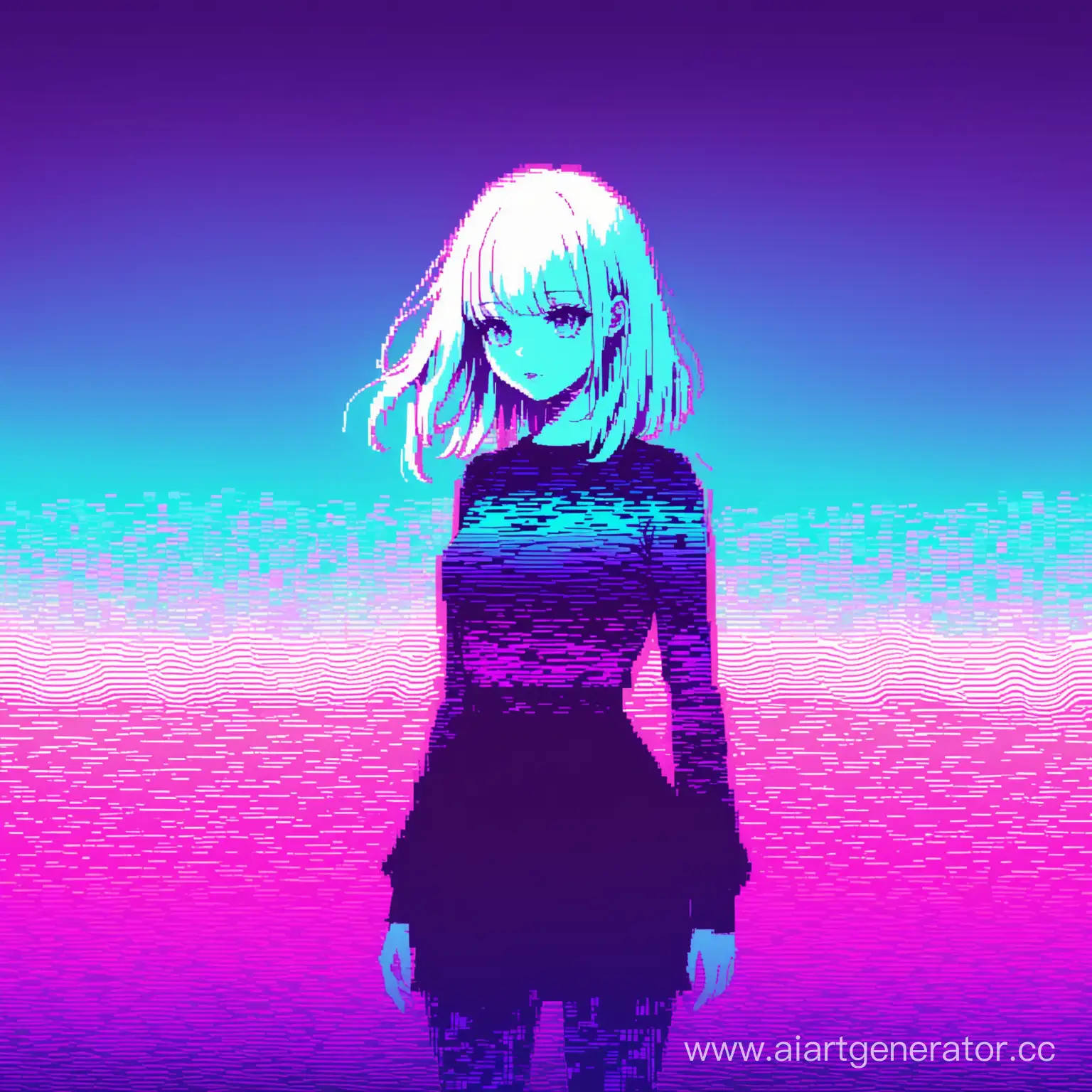 aesthetics white silhouette of a girl, retro glitch effect, waves of glitches and pixels, pink-blue filter, goth dark style