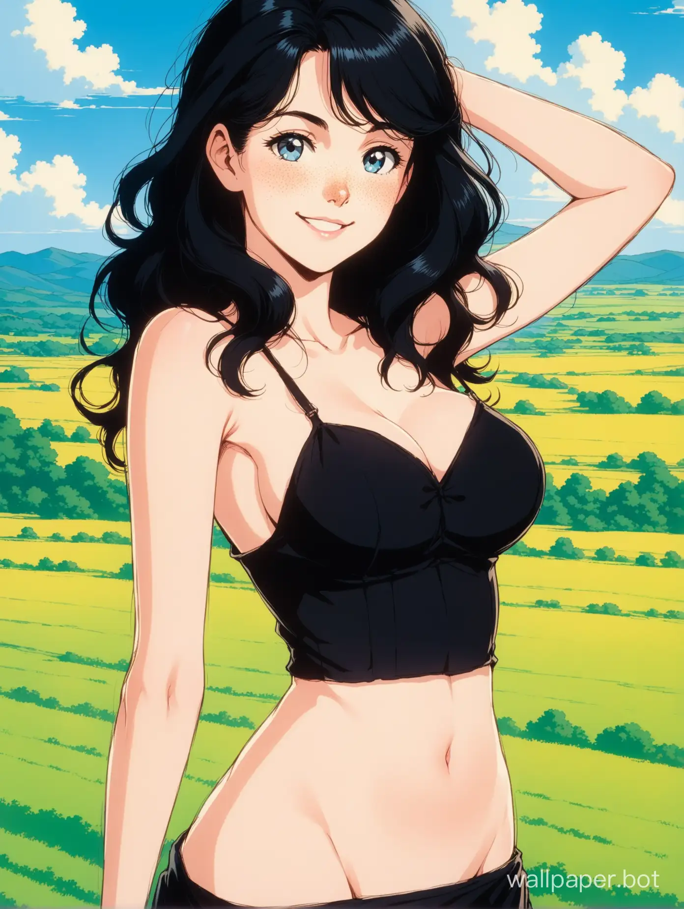 american countryside background, a beautiful 18 year old white woman pulling her top down, revealing her breasts, mature face, goth girl, she is pretty, she has blue eyes, she has pale skin, she has lots of freckles, she has long jet-black hair that is wavy and parted in the middle, black sundress, big pale thighs, skinny,  smiling, beaming, mature face, perfect, sense of wonder, retro 1980s anime