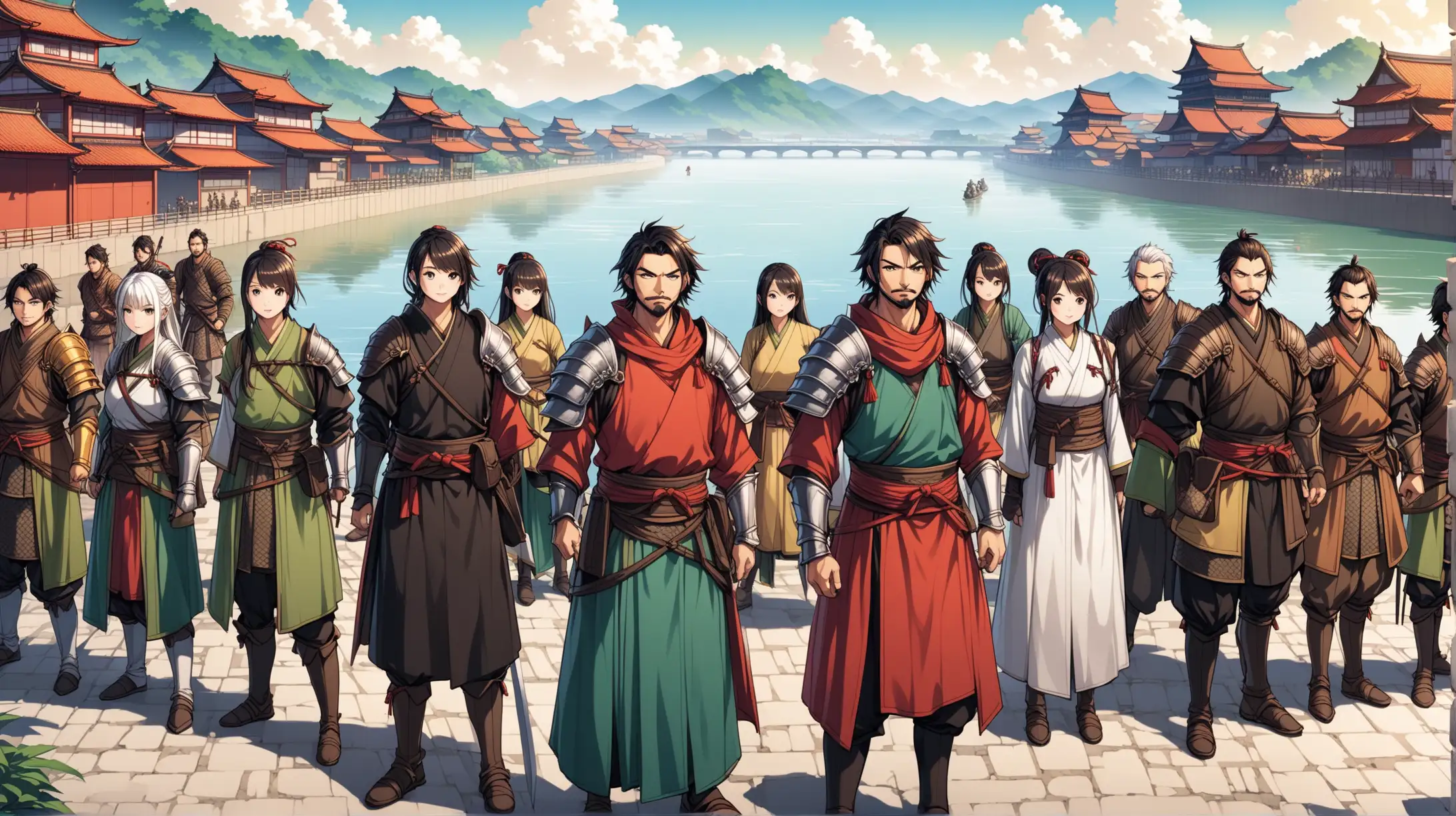 line-up group of adventurers, women and men, Japanese Chinese, Sengoku city river, Medieval fantasy