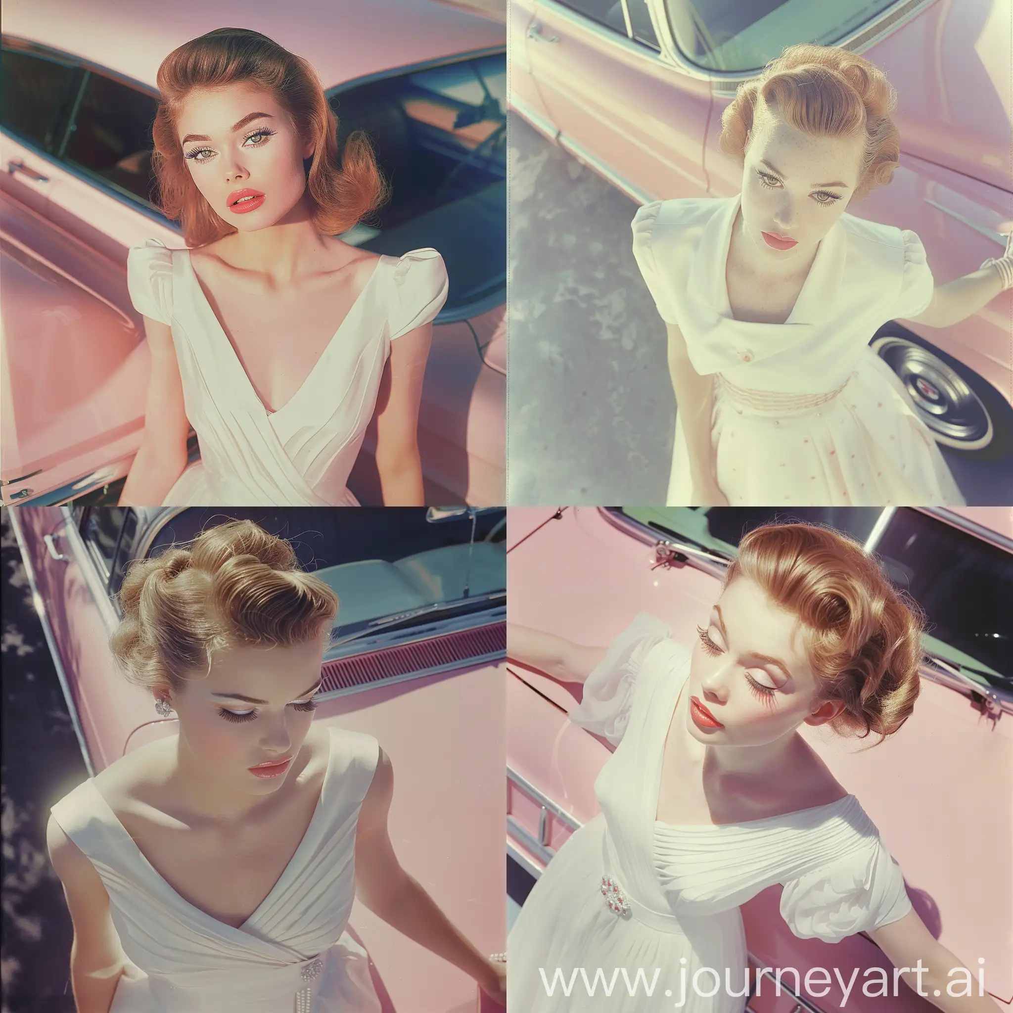 Retro-Hollywood-Glamour-Elegant-Model-in-White-Dress-Next-to-Pink-Cadillac
