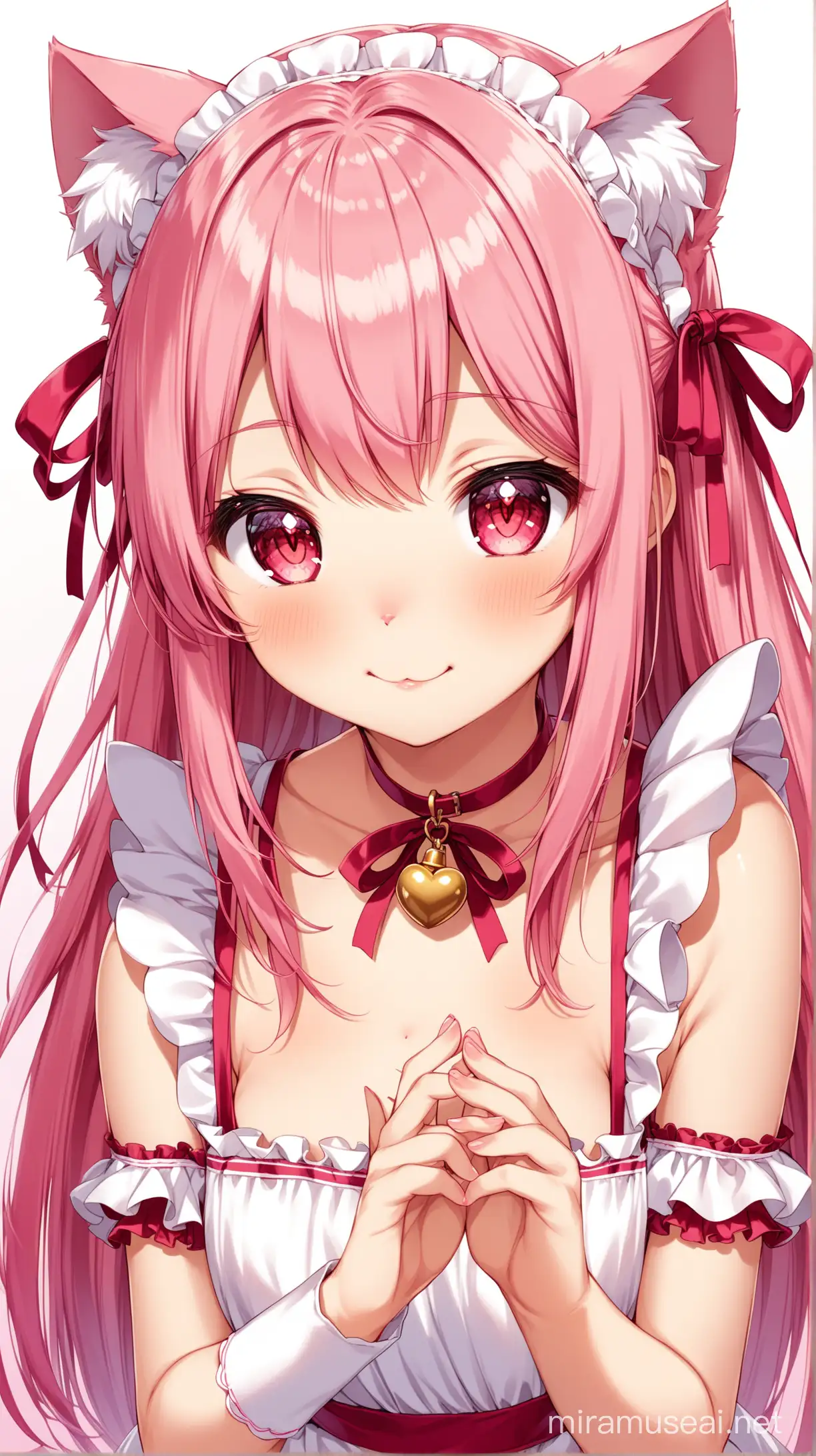 (Tamaki Iroha), High-quality anime illustration of cute cat girl, cat ears, cat tail, light pink hair, heart-shaped ahoge, straight long hair down, ((straight blunt middle bangs)), two side up, (crimson eyes:1.3), wearing a pink maid uniform, detached sleeves, tiny heart-shaped neck bell, choker, ultra detailed hair, cute expression, kawaii, anime, detailed eyes, fluffy design, professional, 16k, hd, high resolution, best quality, cute, looking at viewer, adorable, petite body, animal ears, solo focus, POV, cat mouth:1.2), (:3, kurashina asuka,  beautiful, elegant, holding hands, pov hands, tiny angel wings, white wings, heart-shaped pupils, white background, angel, smiling